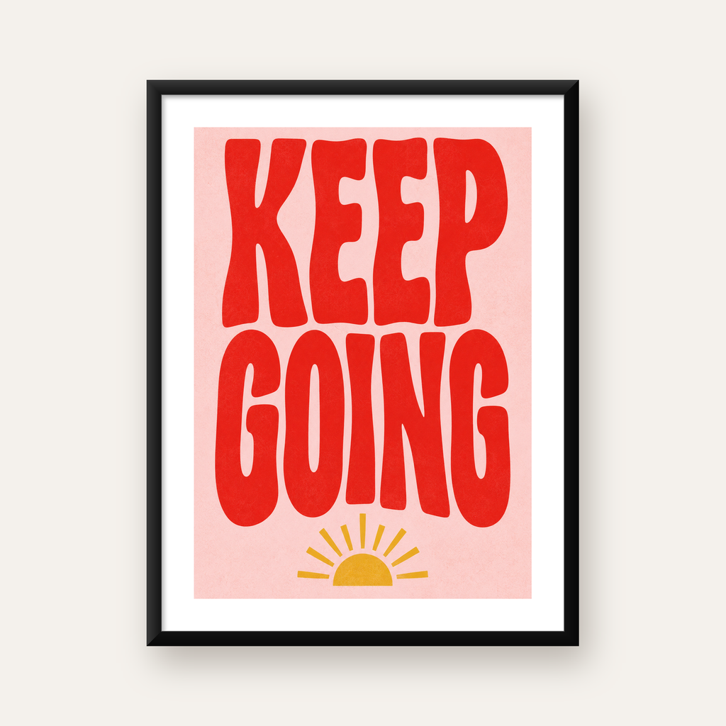 KEEP GOING Motive Edici Modern Poster – Güneşli ve Renkli — Dikey baskı, beyaz paspartulu