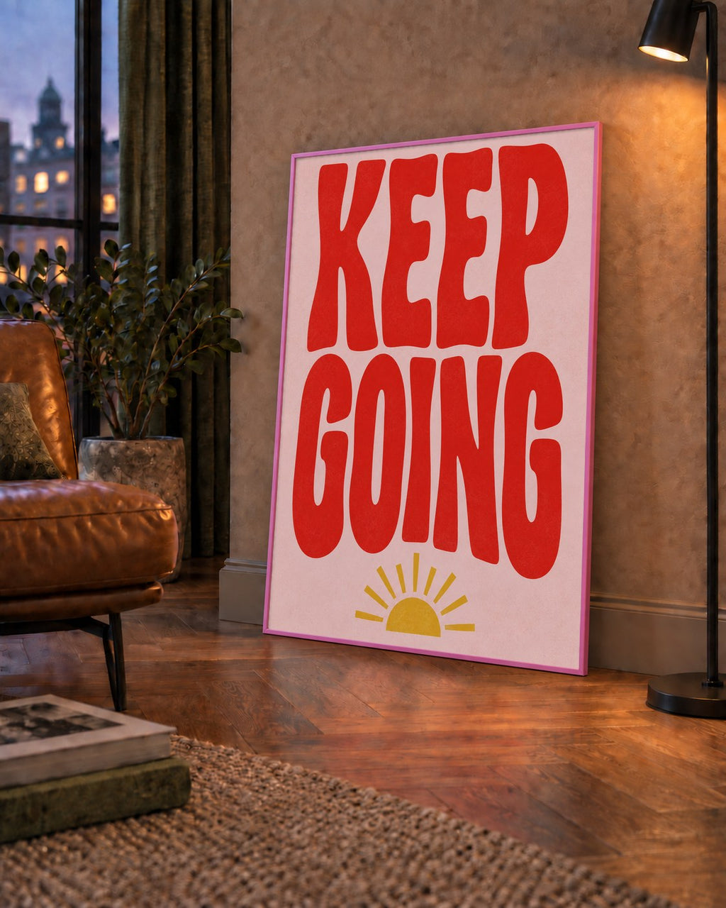 KEEP GOING Motive Edici Modern Poster – Güneşli ve Renkli — çerçeveli hâliyle bir ev duvarında