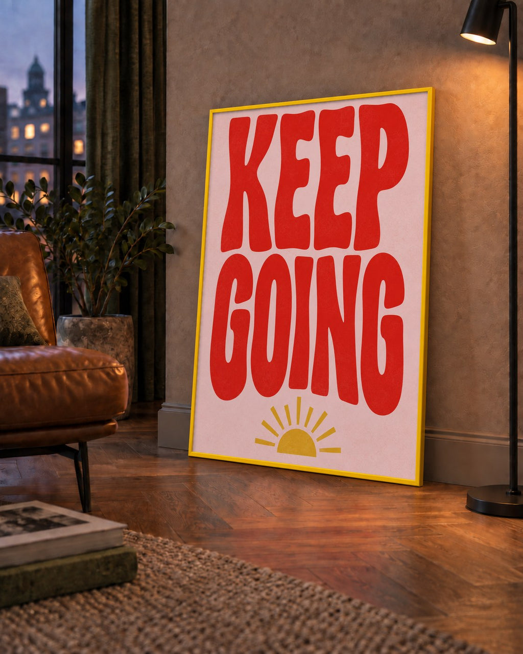 KEEP GOING Motive Edici Modern Poster – Güneşli ve Renkli — çerçeveli hâliyle bir ev duvarında