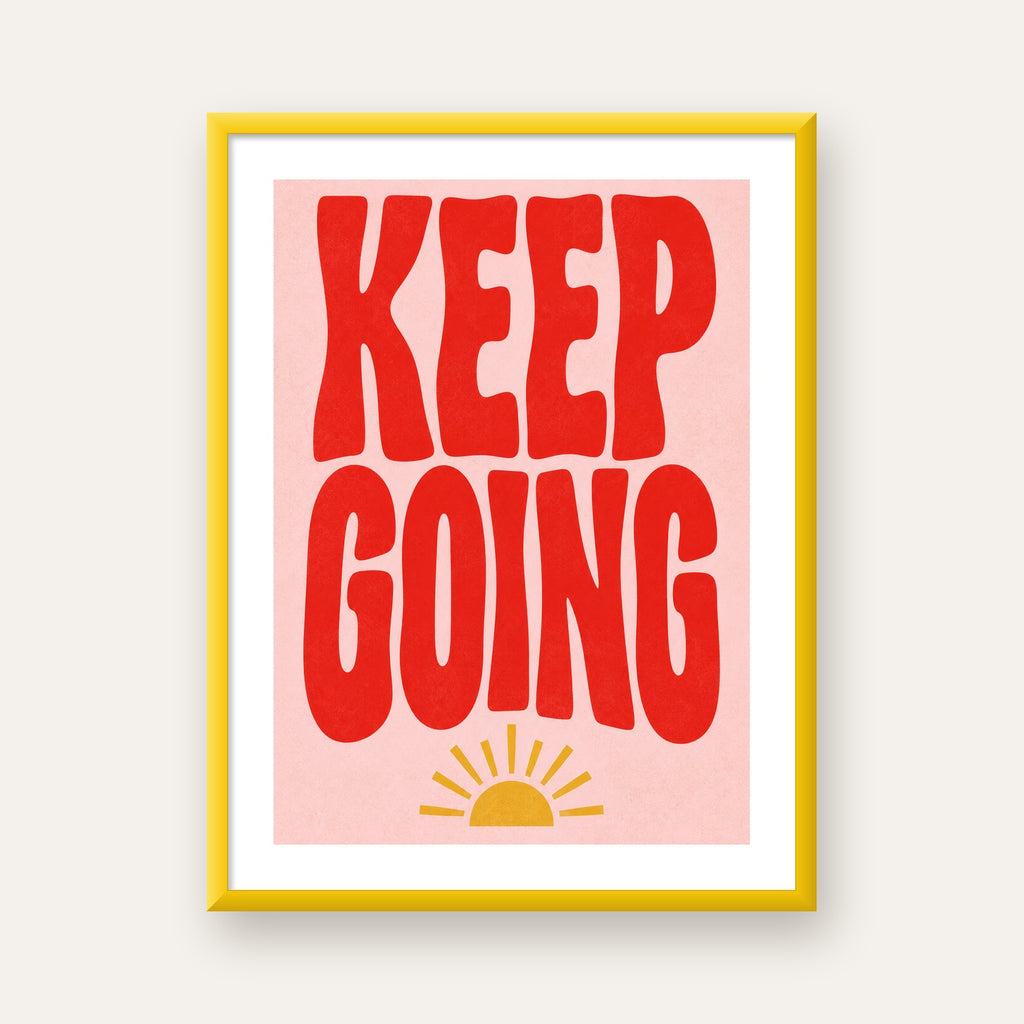 KEEP GOING Motive Edici Modern Poster – Güneşli ve Renkli — sarı çerçeveli paspartulu