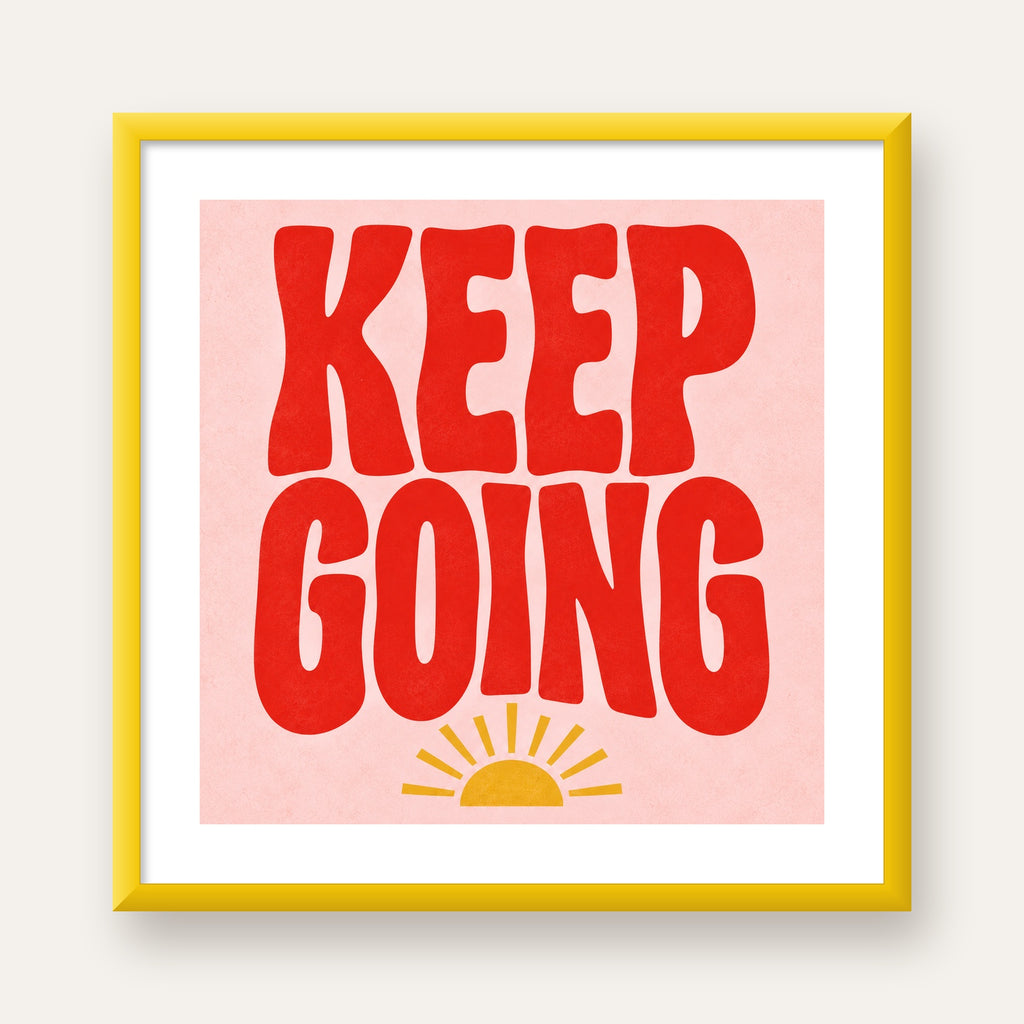 KEEP GOING Motive Edici Modern Poster – Güneşli ve Renkli — sarı çerçeveli paspartulu