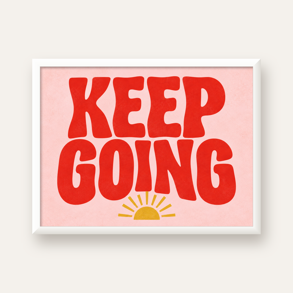 KEEP GOING Motive Edici Modern Poster – Güneşli ve Renkli — beyaz çerçeveli yatay poster