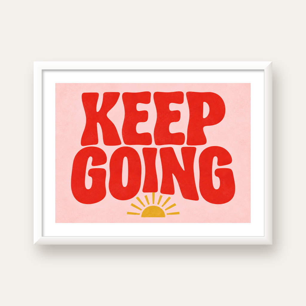 KEEP GOING Motive Edici Modern Poster – Güneşli ve Renkli — beyaz çerçeveli yatay poster