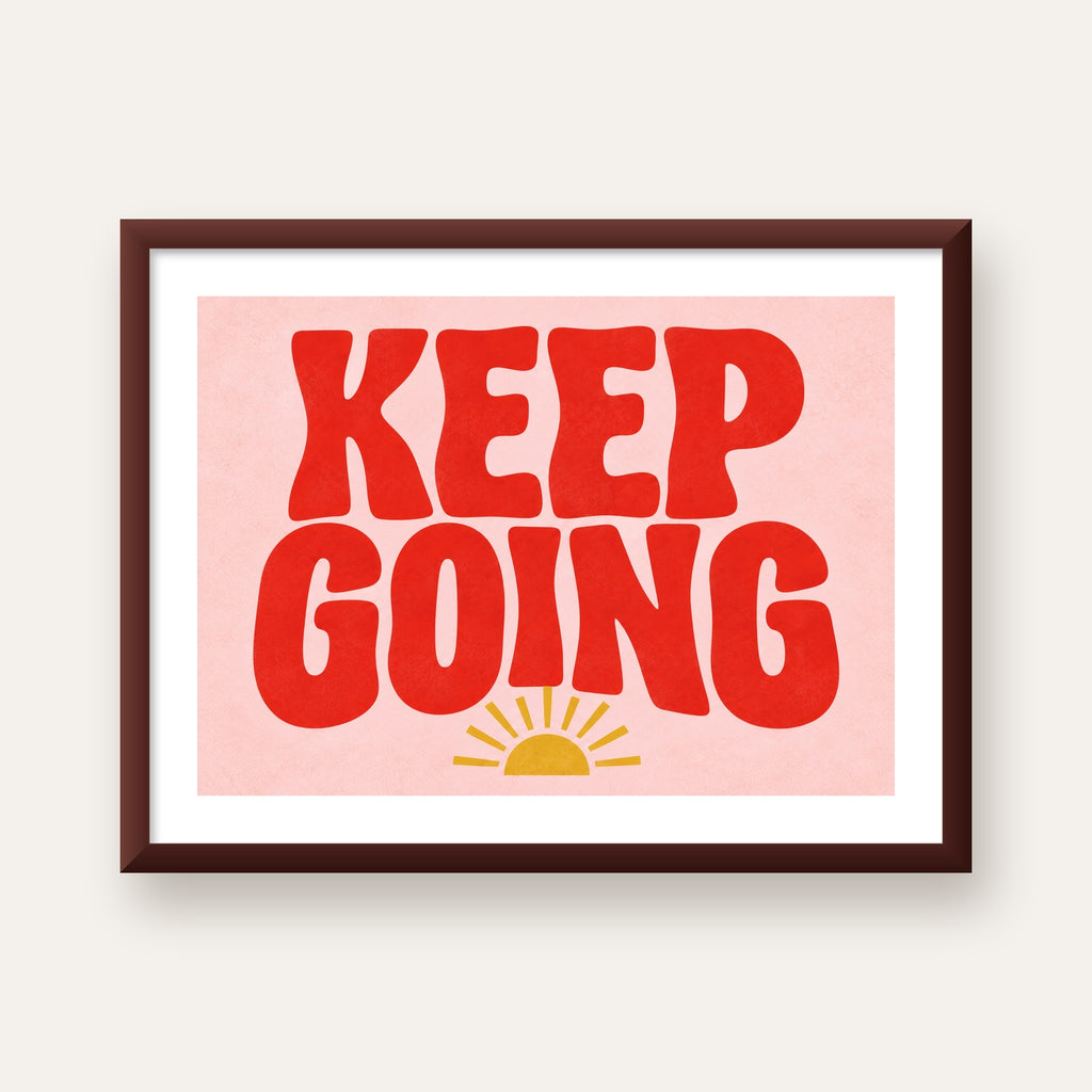 KEEP GOING Motive Edici Modern Poster – Güneşli ve Renkli — ceviz çerçeveli paspartulu