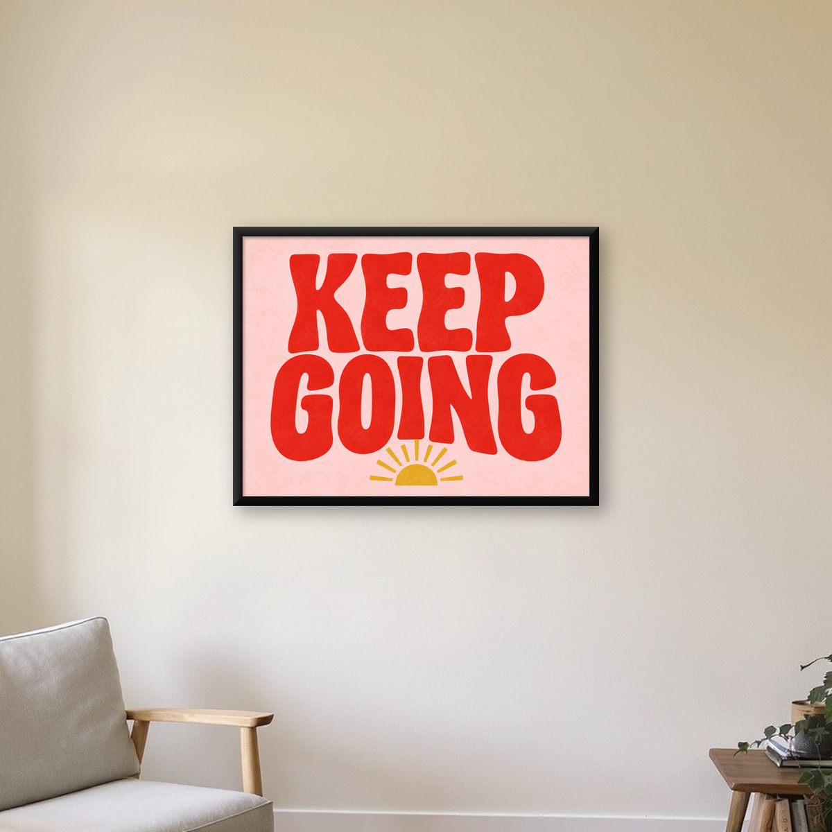 KEEP GOING Motive Edici Modern Poster – Güneşli ve Renkli — Yatay baskı, çerçeveli hâliyle bir ev duvarında