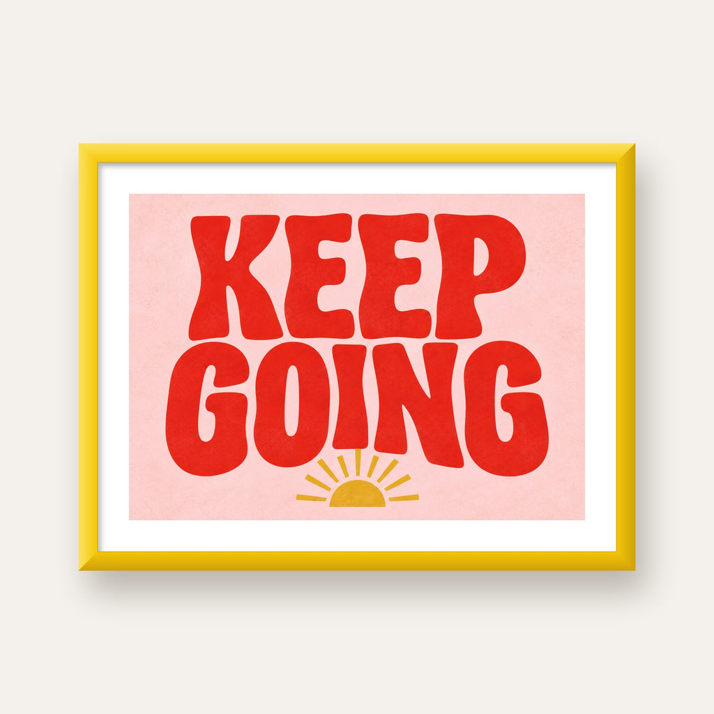 KEEP GOING Motive Edici Modern Poster – Güneşli ve Renkli — sarı çerçeveli paspartulu