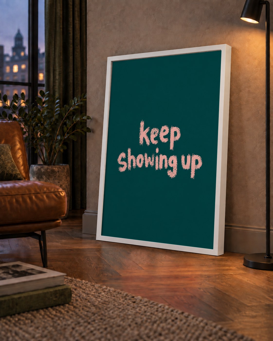 Keep Showing Up El Yazısı Motivasyonel Poster — çerçeveli hâliyle bir ev duvarında