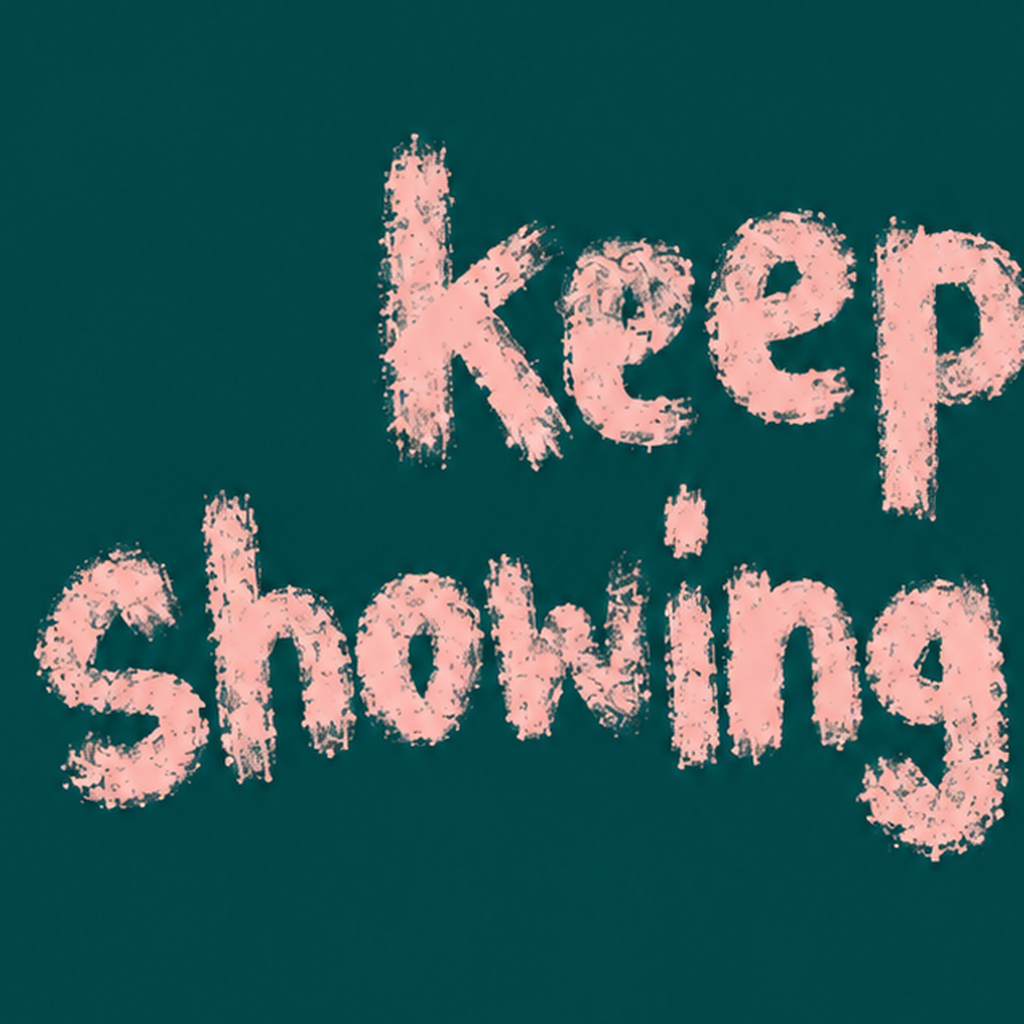 Keep Showing Up El Yazısı Motivasyonel Poster — baskının yakın çekimi, kâğıt dokusu ve renk detayı