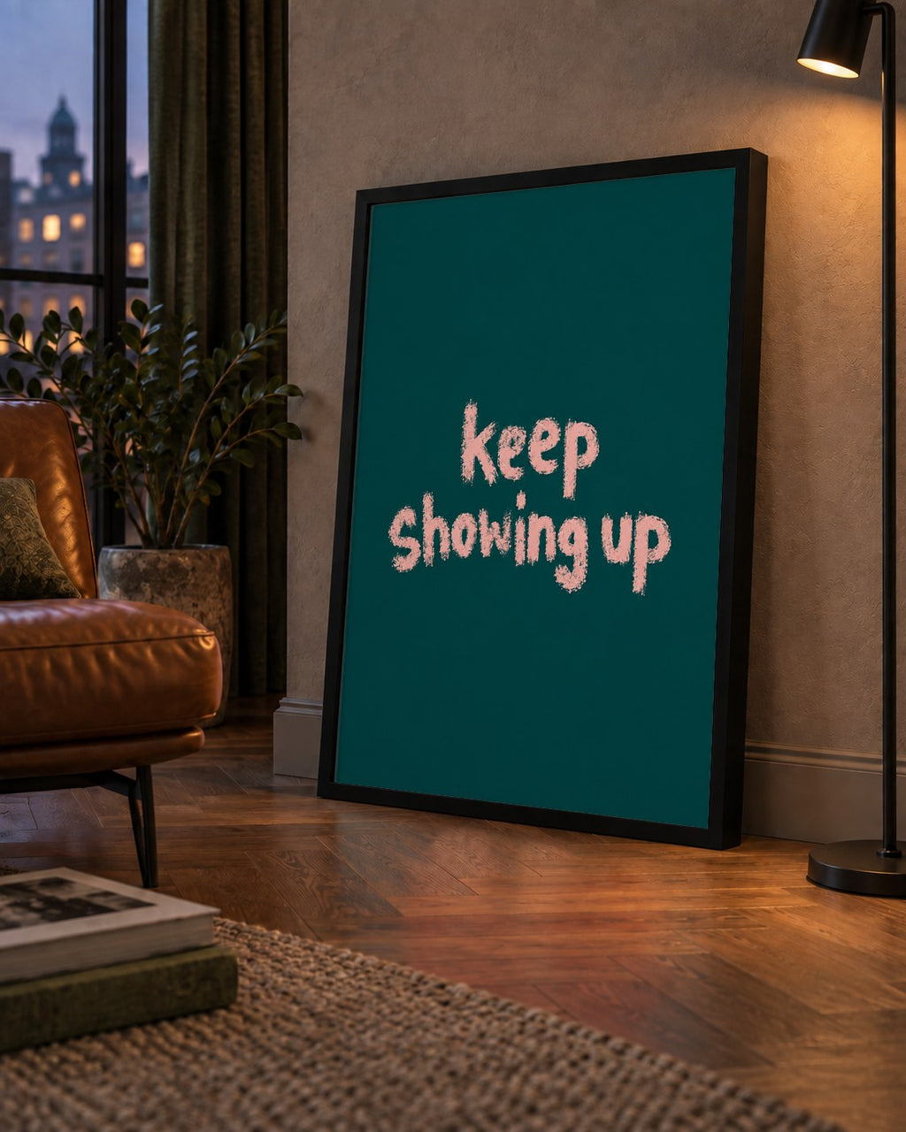 Keep Showing Up El Yazısı Motivasyonel Poster — çerçeveli hâliyle bir ev duvarında