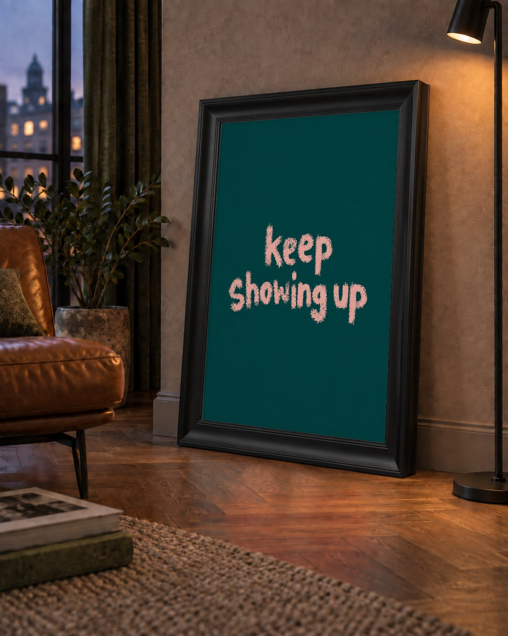 Keep Showing Up El Yazısı Motivasyonel Poster — çerçeveli hâliyle bir ev duvarında