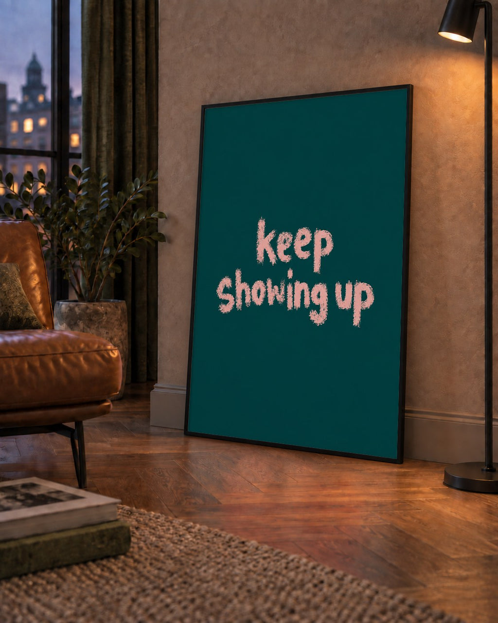 Keep Showing Up El Yazısı Motivasyonel Poster — çerçeveli hâliyle bir ev duvarında