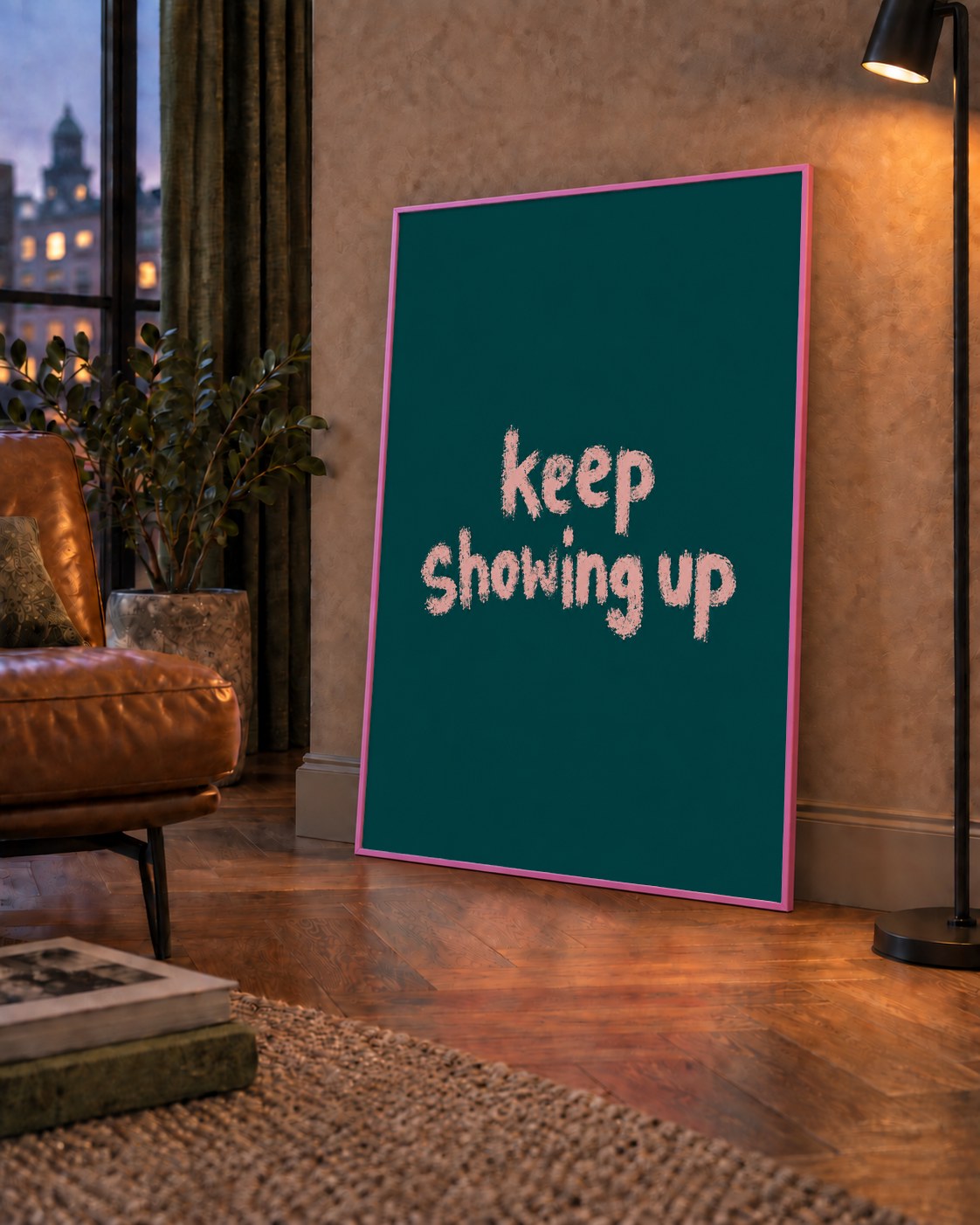 Keep Showing Up El Yazısı Motivasyonel Poster — çerçeveli hâliyle bir ev duvarında
