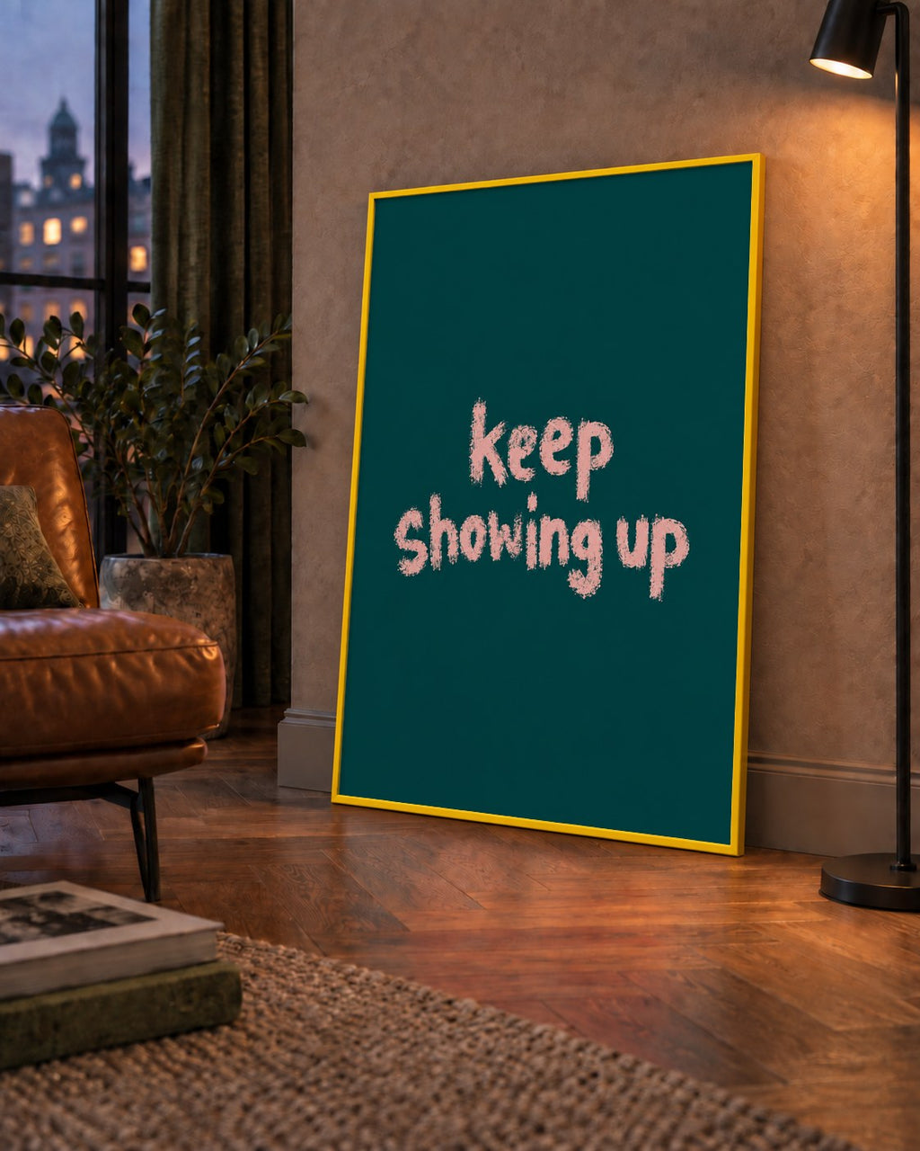 Keep Showing Up El Yazısı Motivasyonel Poster — çerçeveli hâliyle bir ev duvarında