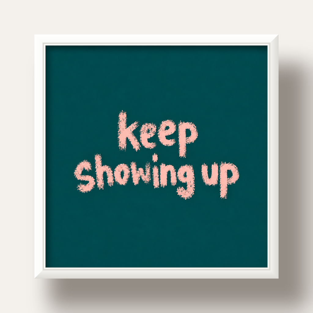 Keep Showing Up El Yazısı Motivasyonel Poster — beyaz derin çerçeveli