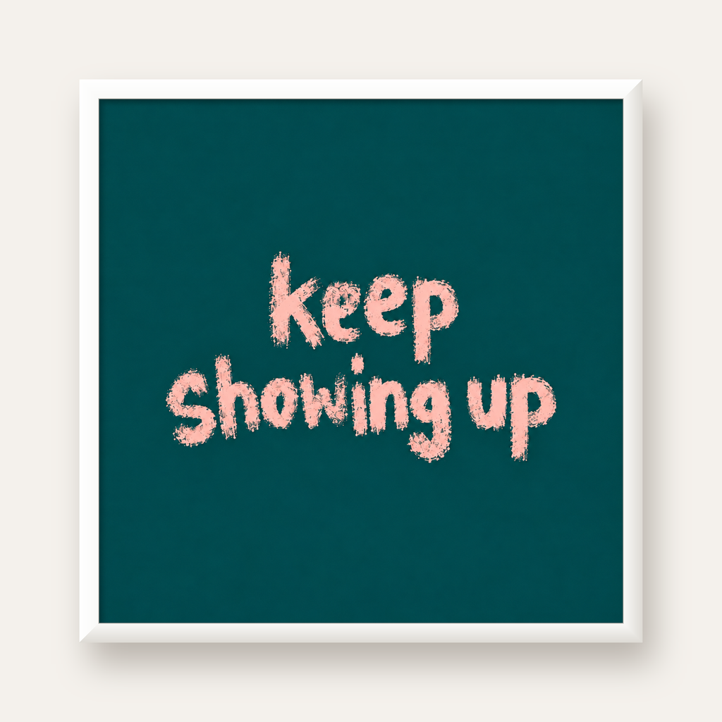 Keep Showing Up El Yazısı Motivasyonel Poster — beyaz çerçeveli kare poster