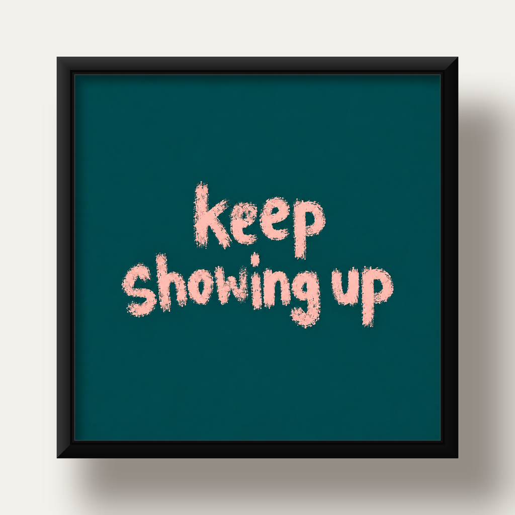 Keep Showing Up El Yazısı Motivasyonel Poster — siyah derin çerçeveli