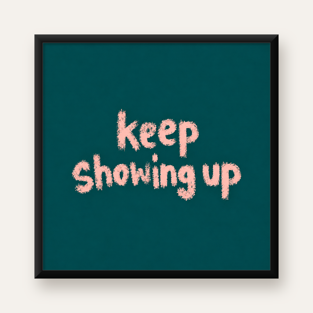 Keep Showing Up El Yazısı Motivasyonel Poster — Kare baskı, düz siyah çerçeveli duvar posteri