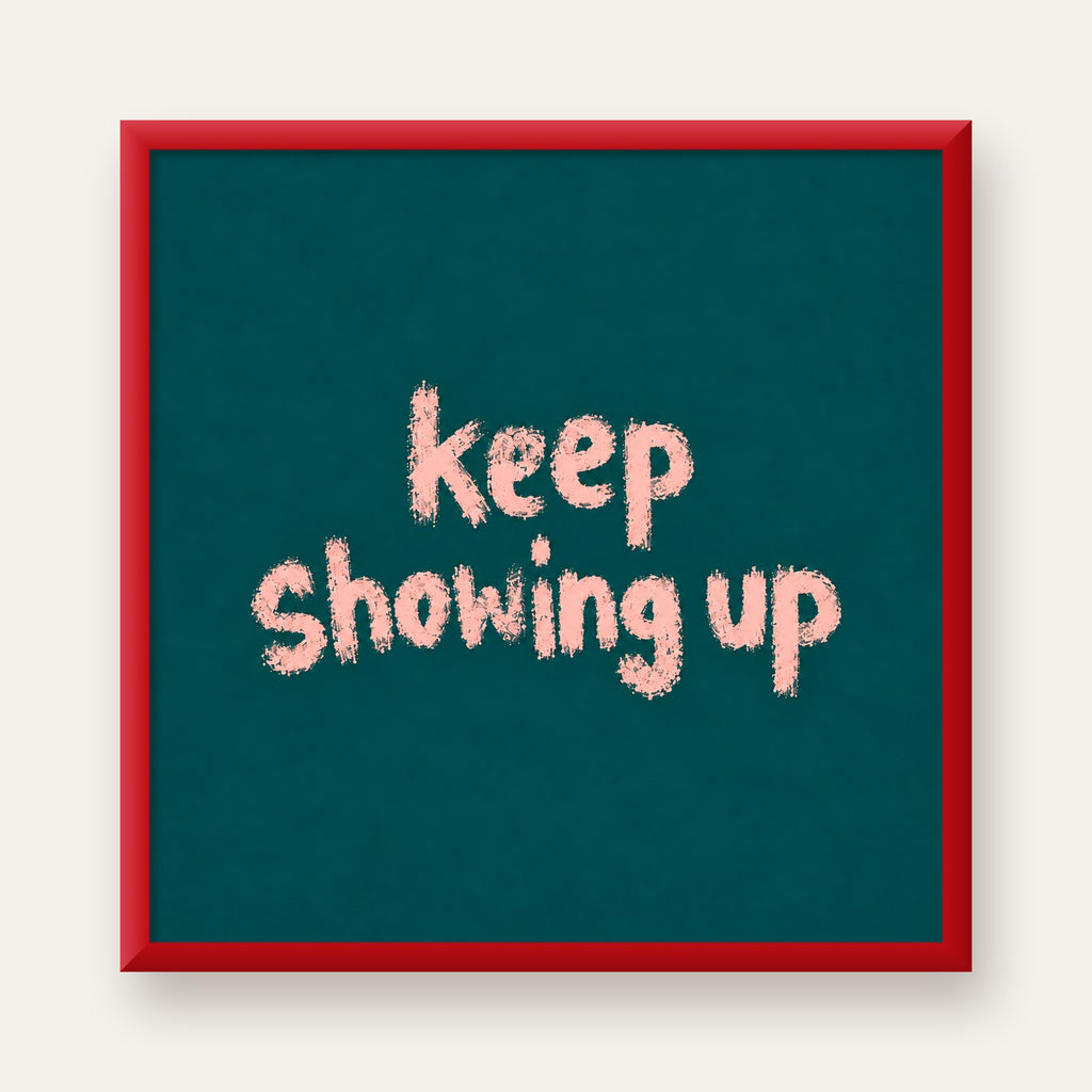 Keep Showing Up El Yazısı Motivasyonel Poster — kırmızı çerçeveli