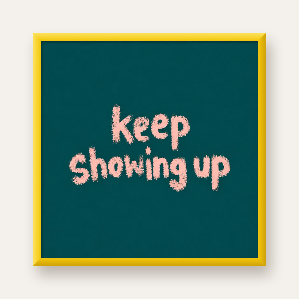 Keep Showing Up El Yazısı Motivasyonel Poster — sarı çerçeveli