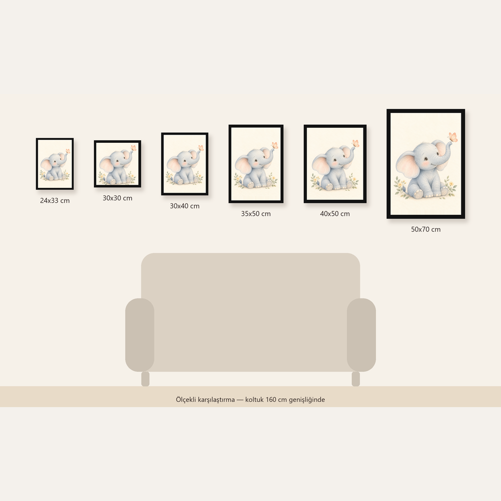 Suluboya Sevimli Bebek Fil ve Kelebek Poster — Dikey ölçülerinin karşılaştırması
