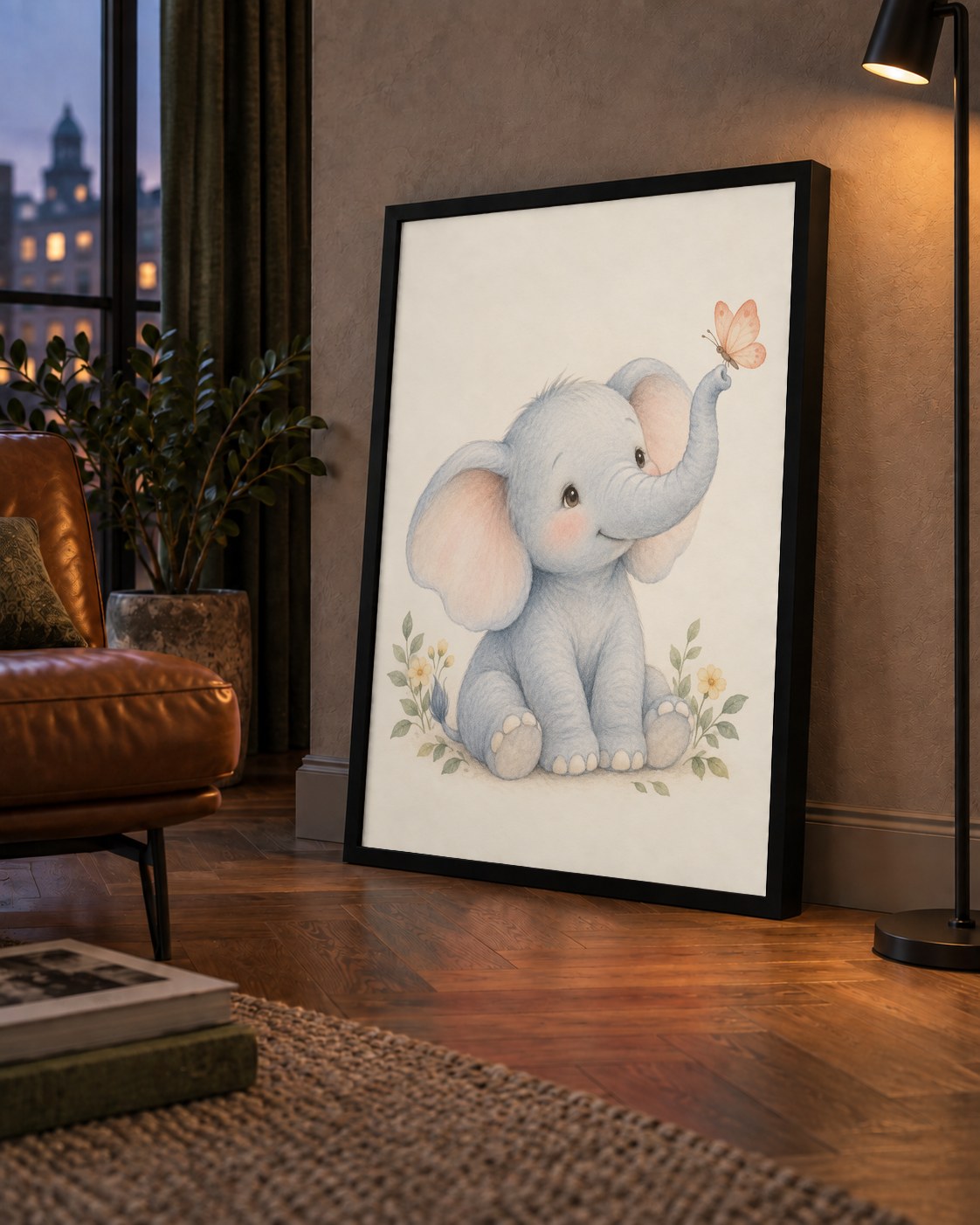 Suluboya Sevimli Bebek Fil ve Kelebek Poster — çerçeveli hâliyle bir ev duvarında