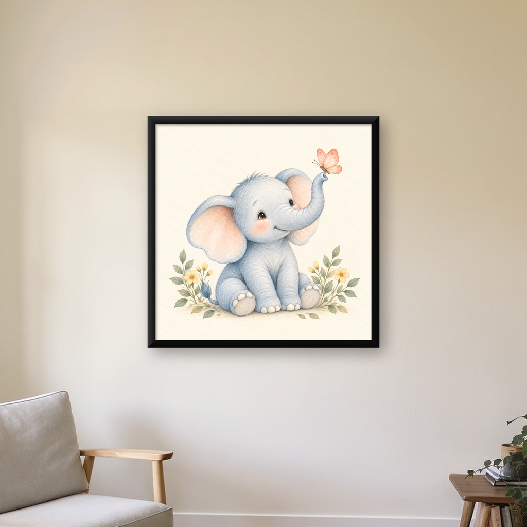 Suluboya Sevimli Bebek Fil ve Kelebek Poster — Kare baskı, çerçeveli hâliyle bir ev duvarında