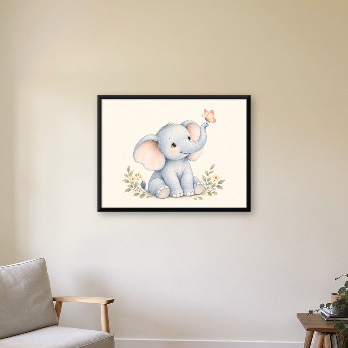Suluboya Sevimli Bebek Fil ve Kelebek Poster — Yatay baskı, çerçeveli hâliyle bir ev duvarında