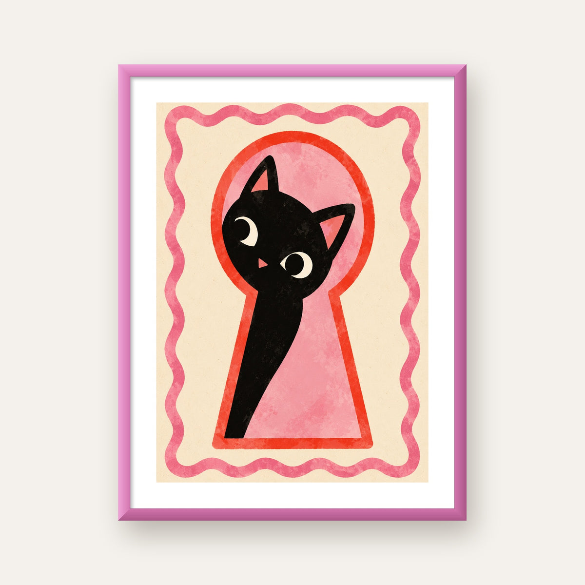 Anahtar Deliğinden Bakan Sevimli Siyah Kedi Poster — pembe çerçeveli paspartulu