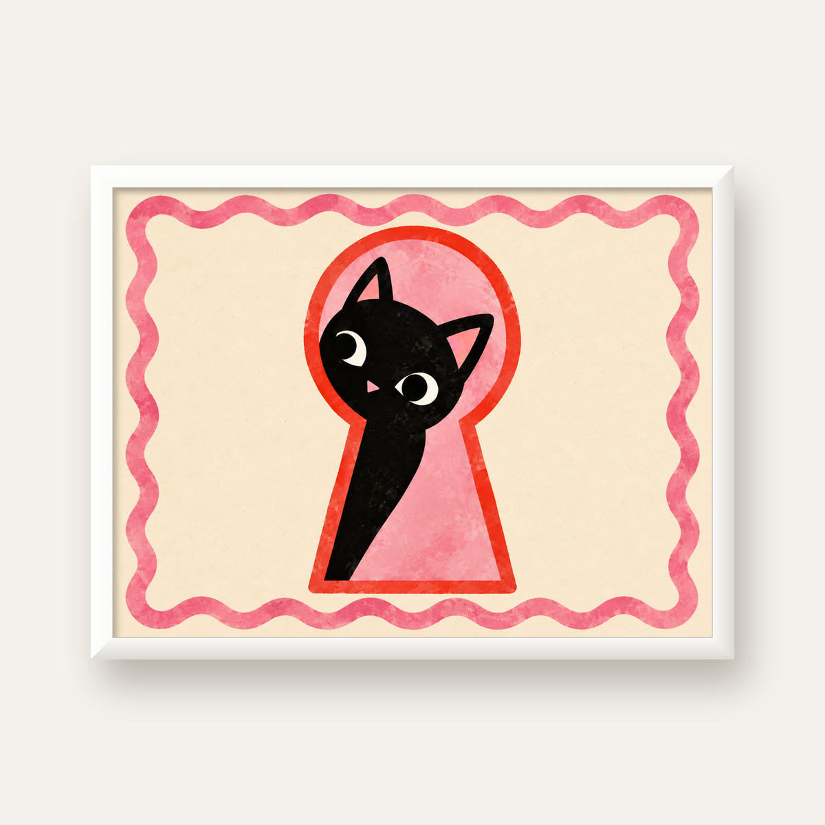 Anahtar Deliğinden Bakan Sevimli Siyah Kedi Poster — beyaz çerçeveli yatay poster