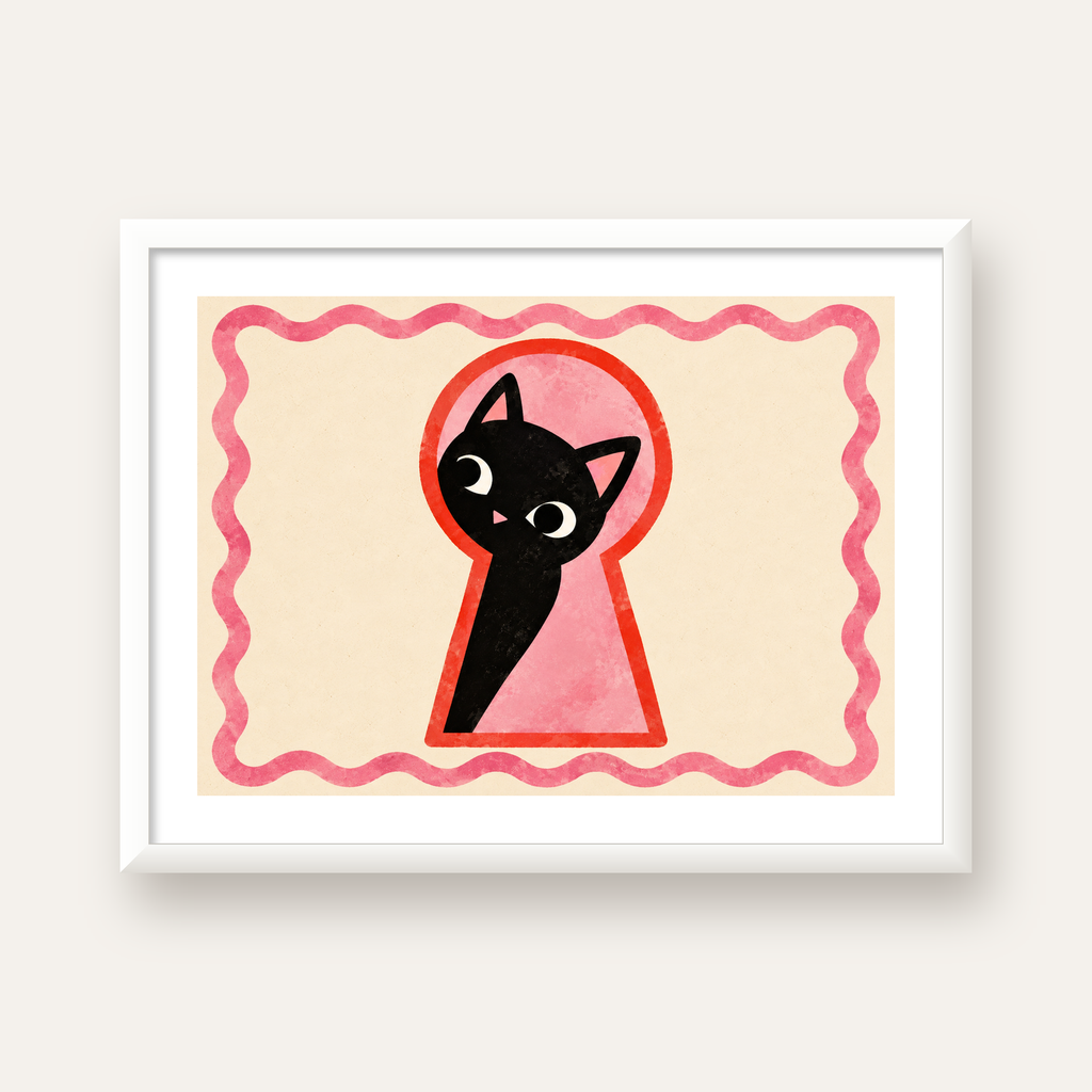 Anahtar Deliğinden Bakan Sevimli Siyah Kedi Poster — beyaz çerçeveli yatay poster