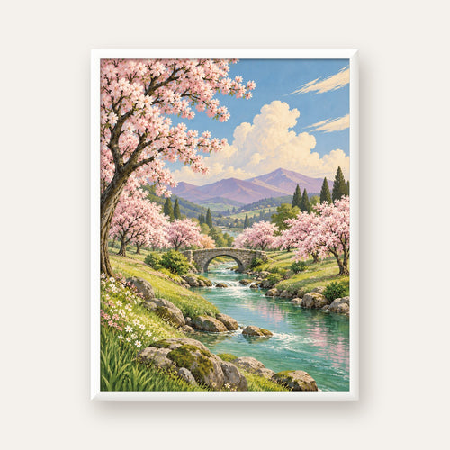 Bahar Temalı Romantik Doğa Manzarası Poster – Yağlı Boya Stil — beyaz çerçeveli dikey poster
