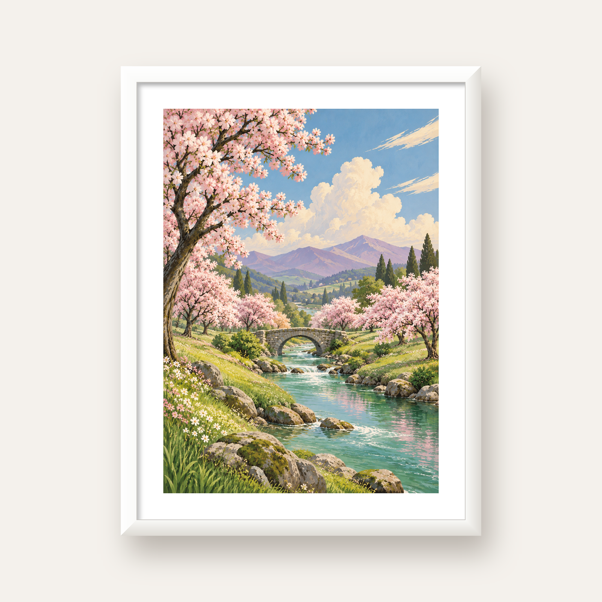 Bahar Temalı Romantik Doğa Manzarası Poster – Yağlı Boya Stil — beyaz çerçeveli dikey poster