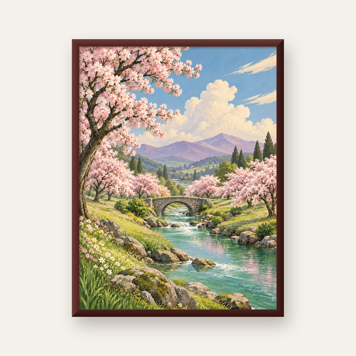 Bahar Temalı Romantik Doğa Manzarası Poster – Yağlı Boya Stil — ceviz çerçeveli