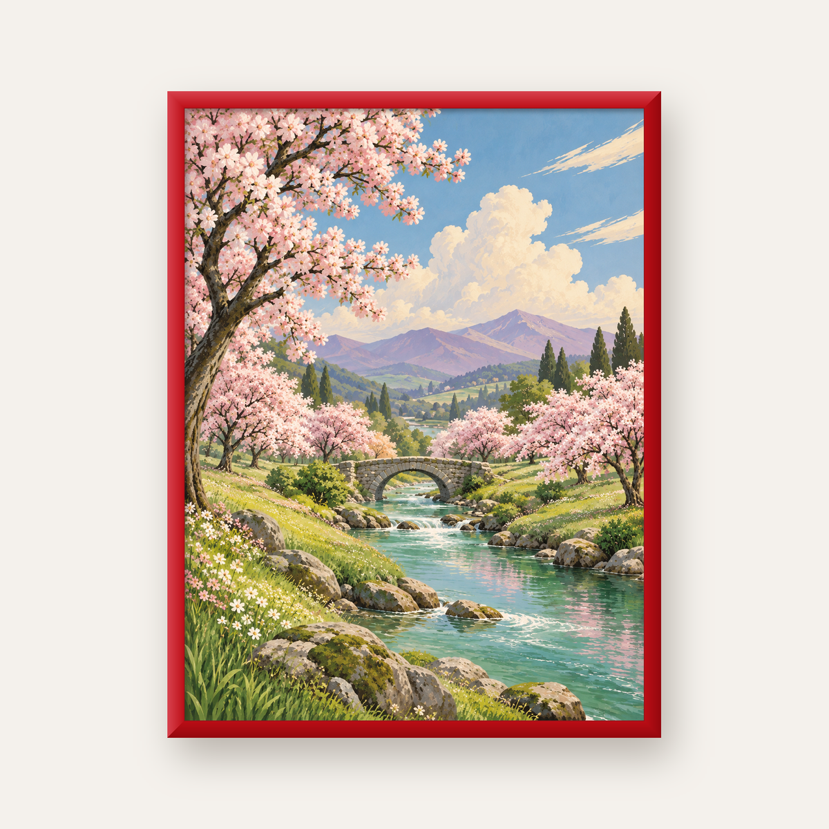 Bahar Temalı Romantik Doğa Manzarası Poster – Yağlı Boya Stil — kırmızı çerçeveli