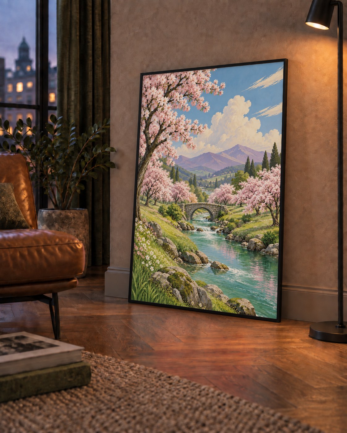 Bahar Temalı Romantik Doğa Manzarası Poster – Yağlı Boya Stil — çerçeveli hâliyle bir ev duvarında