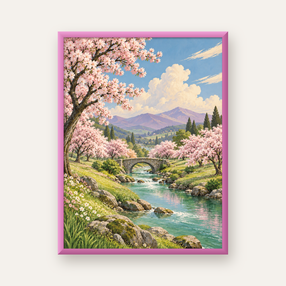 Bahar Temalı Romantik Doğa Manzarası Poster – Yağlı Boya Stil — pembe çerçeveli