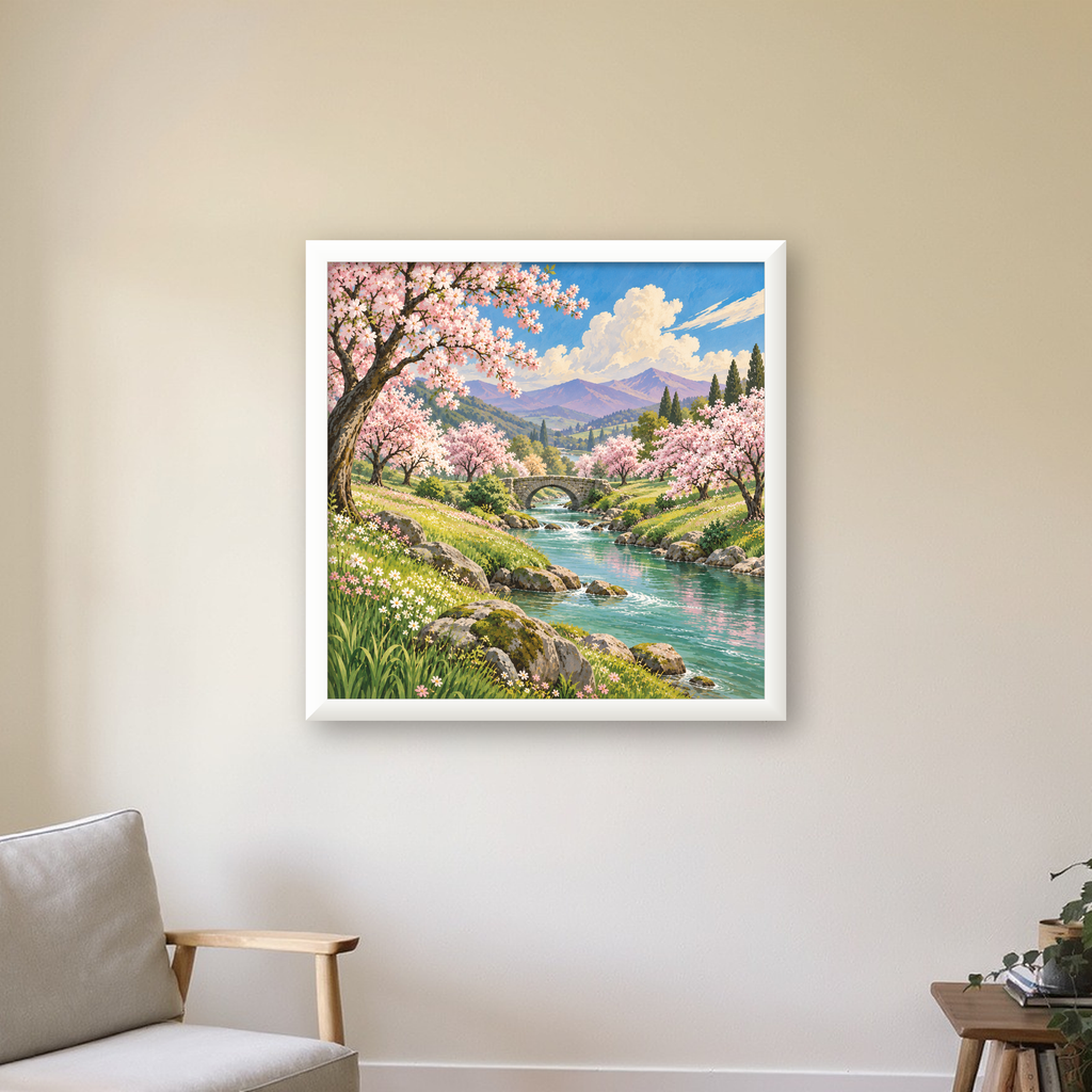Bahar Temalı Romantik Doğa Manzarası Poster – Yağlı Boya Stil — beyaz çerçeveli kare poster