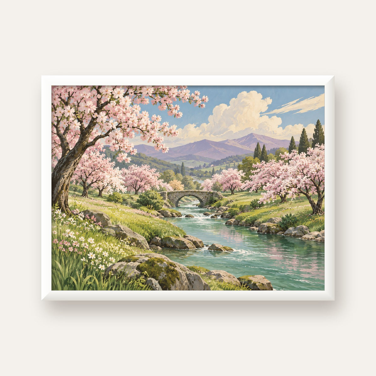 Bahar Temalı Romantik Doğa Manzarası Poster – Yağlı Boya Stil — beyaz çerçeveli yatay poster