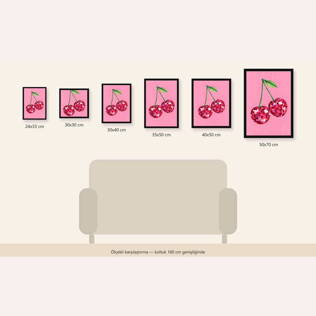 Disco Top Kiraz İllüstrasyonlu Modern Poster - Pembe Arka Plan — Dikey ölçülerinin karşılaştırması