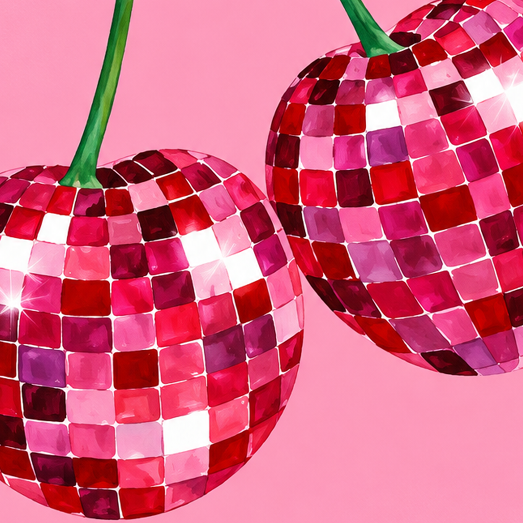 Disco Top Kiraz İllüstrasyonlu Modern Poster - Pembe Arka Plan — baskının yakın çekimi, kâğıt dokusu ve renk detayı
