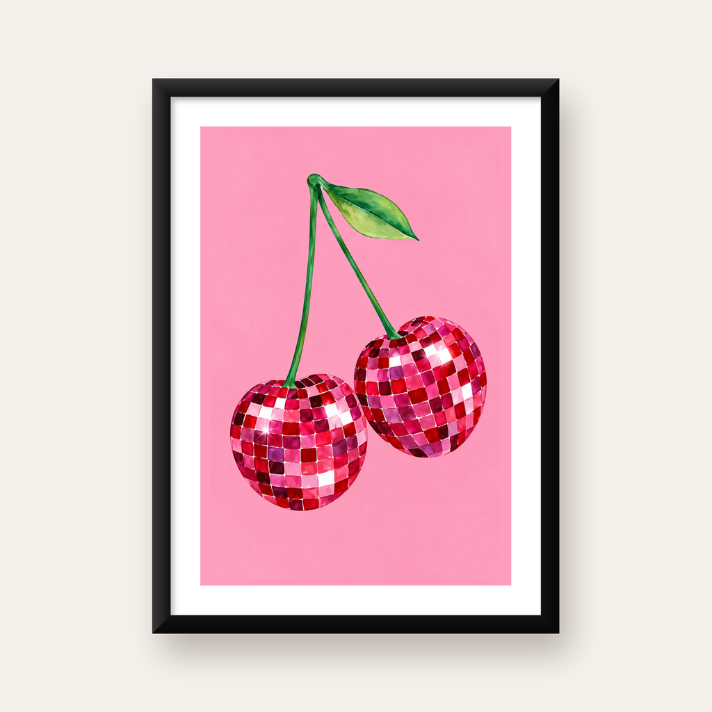 Disco Top Kiraz İllüstrasyonlu Modern Poster - Pembe Arka Plan — Dikey baskı, beyaz paspartulu
