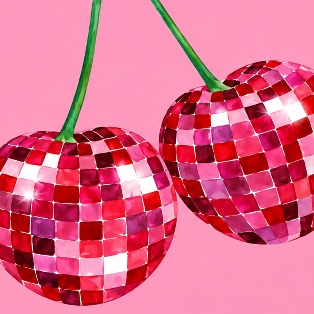 Disco Top Kiraz İllüstrasyonlu Modern Poster - Pembe Arka Plan — baskının yakın çekimi, kâğıt dokusu ve renk detayı