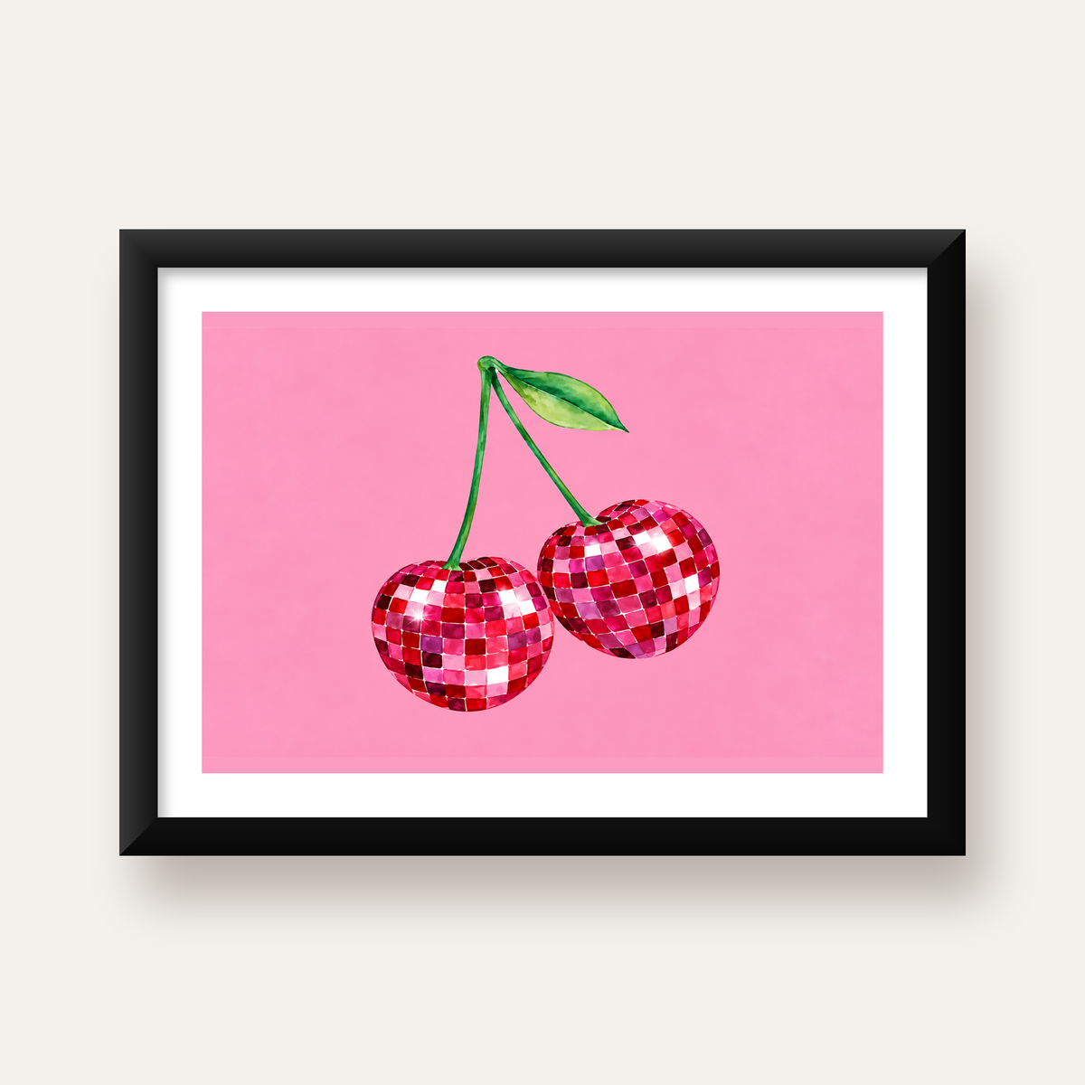 Disco Top Kiraz İllüstrasyonlu Modern Poster - Pembe Arka Plan — Yatay baskı, beyaz paspartulu