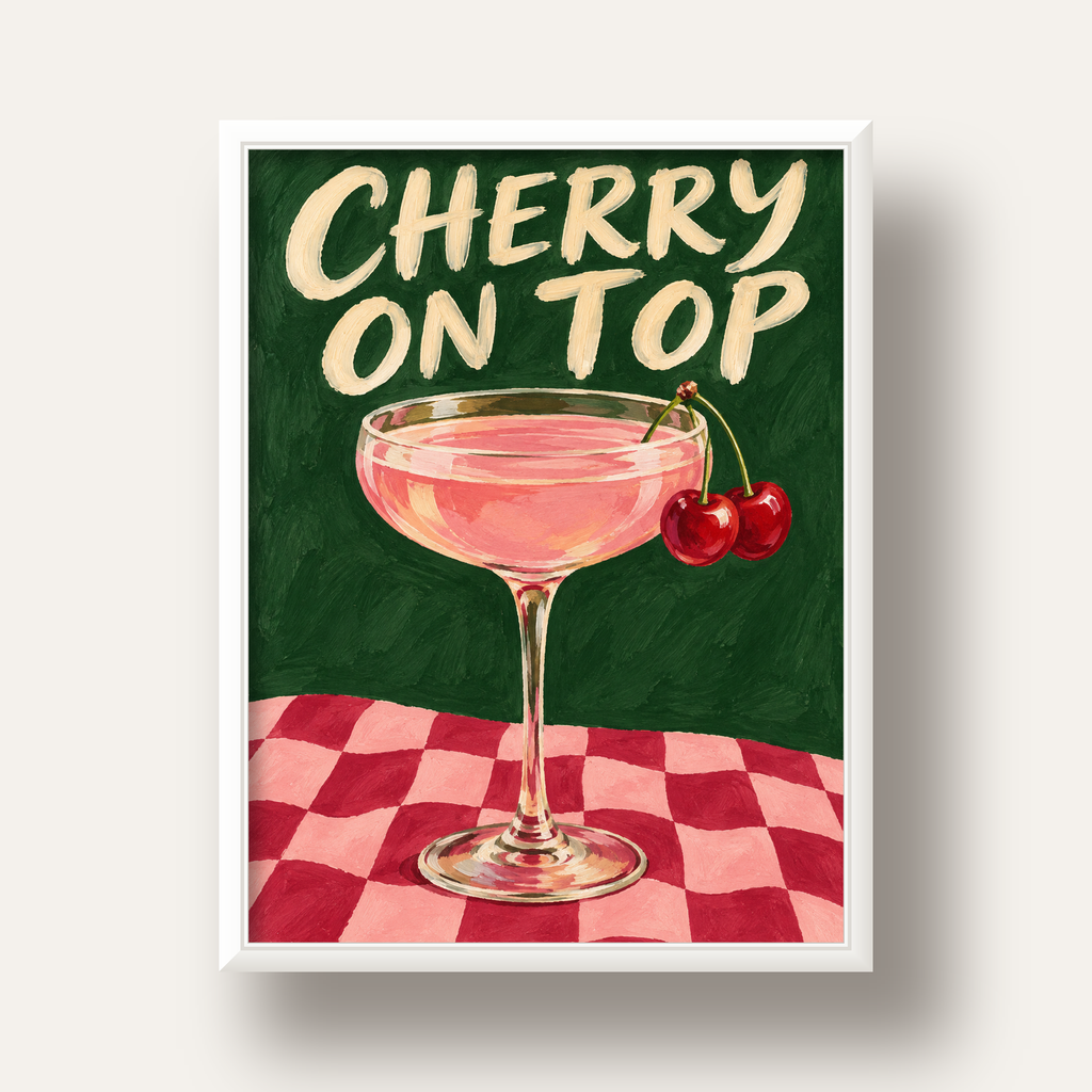 Cherry On Top Kirazlı Kokteyl Poster – Renkli İllüstrasyon Baskı — beyaz derin çerçeveli