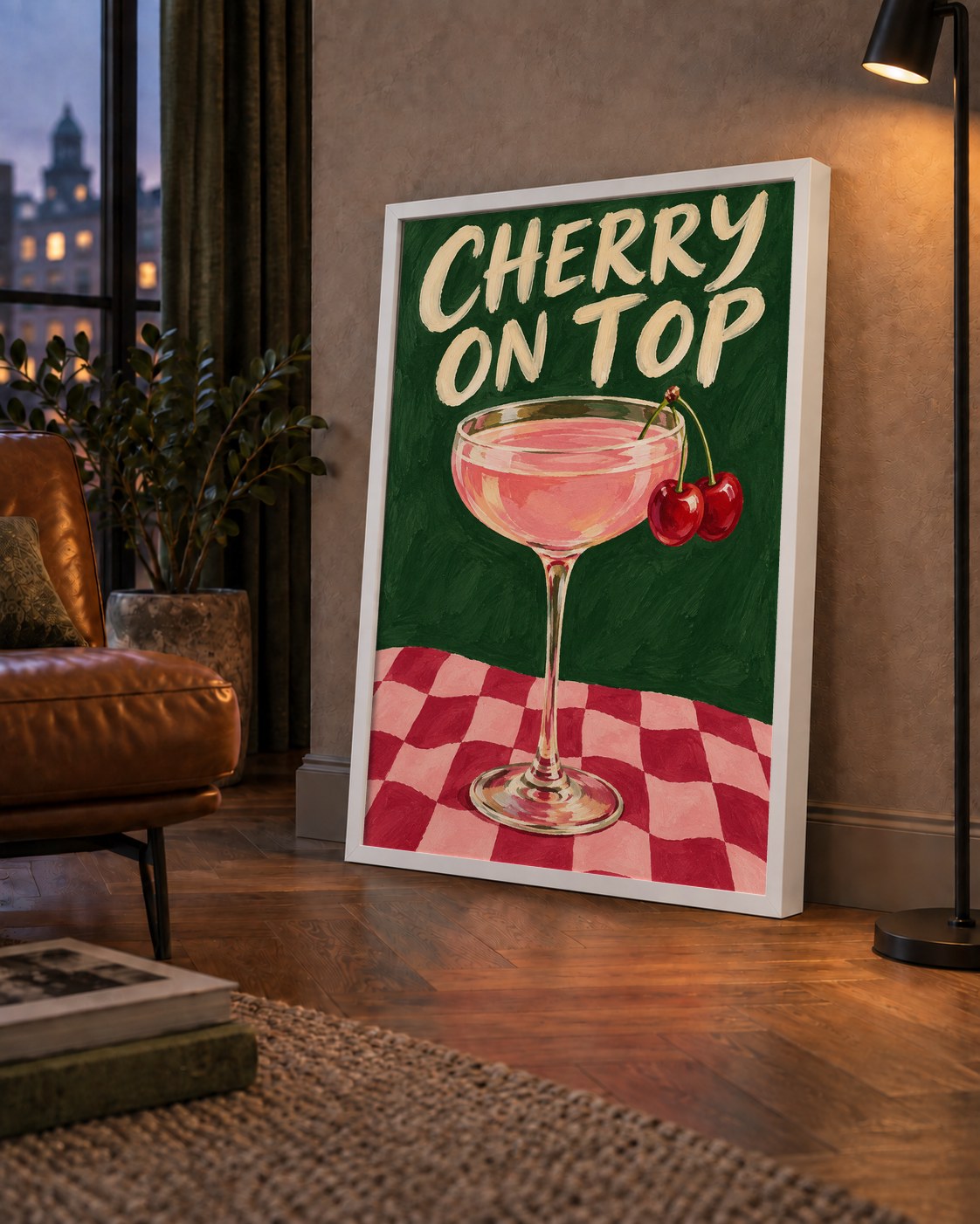 Cherry On Top Kirazlı Kokteyl Poster – Renkli İllüstrasyon Baskı — çerçeveli hâliyle bir ev duvarında