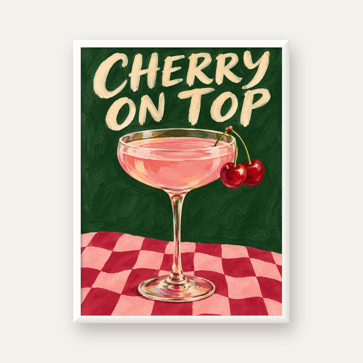 Cherry On Top Kirazlı Kokteyl Poster – Renkli İllüstrasyon Baskı — beyaz çerçeveli dikey poster