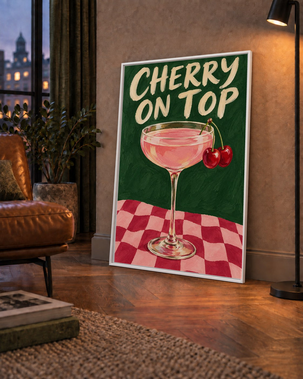 Cherry On Top Kirazlı Kokteyl Poster – Renkli İllüstrasyon Baskı — çerçeveli hâliyle bir ev duvarında