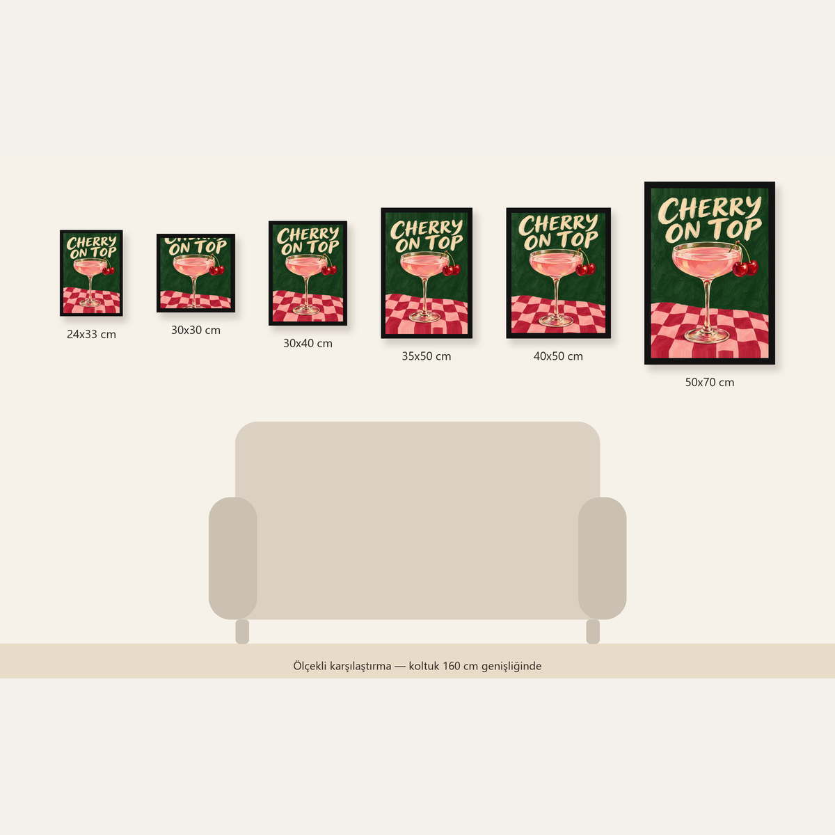 Cherry On Top Kirazlı Kokteyl Poster – Renkli İllüstrasyon Baskı — Dikey ölçülerinin karşılaştırması