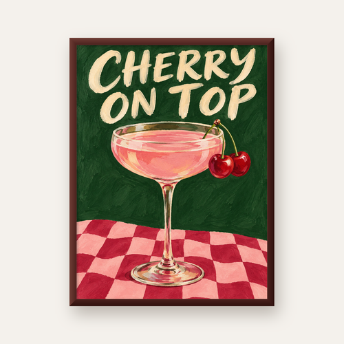 Cherry On Top Kirazlı Kokteyl Poster – Renkli İllüstrasyon Baskı — ceviz çerçeveli