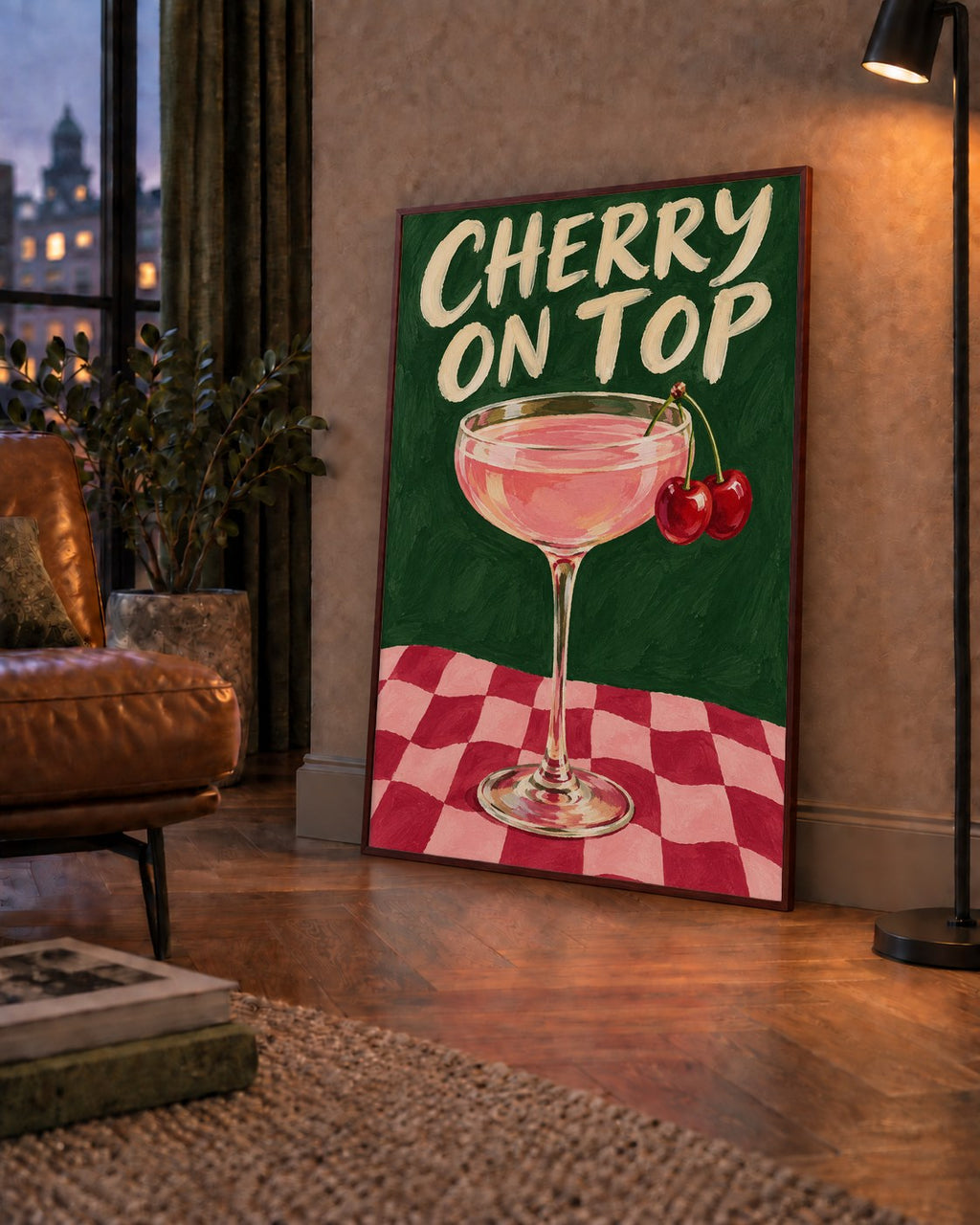 Cherry On Top Kirazlı Kokteyl Poster – Renkli İllüstrasyon Baskı — çerçeveli hâliyle bir ev duvarında